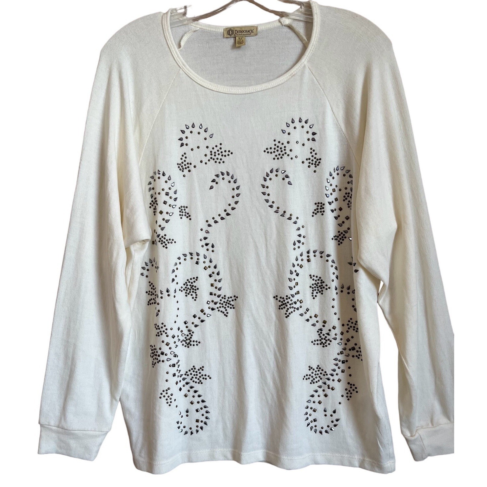 Democracy Pullover Top Womens Xl Beige Ivory Silver Gold Rhinestone Granniecore